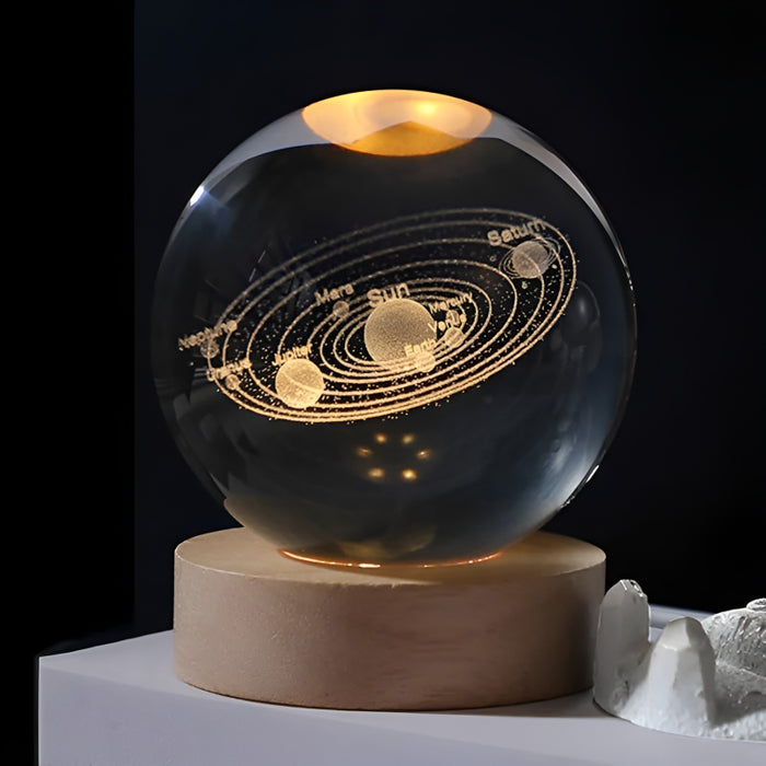 3D Crystal Ball Solar System LED Night Light With Wooden Base