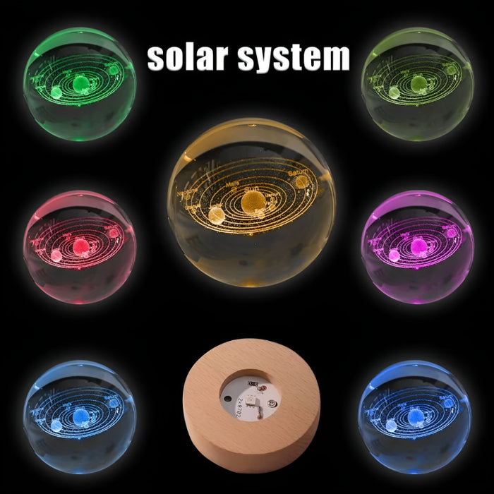 3D Crystal Ball Solar System LED Night Light With Wooden Base