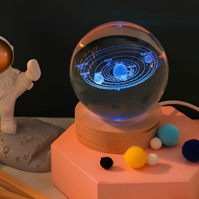 3D Crystal Ball Solar System LED Night Light With Wooden Base