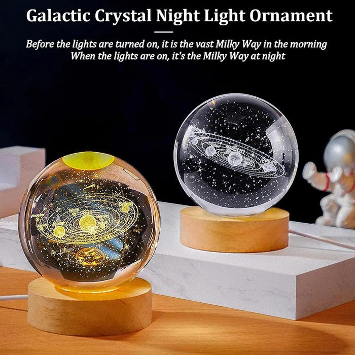 3D Crystal Ball Solar System LED Night Light With Wooden Base