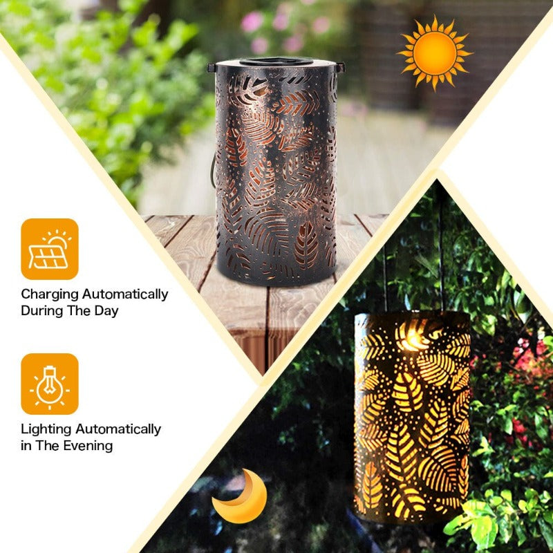 Retro Metal Leaf Pattern Solar Hanging Lantern Lights